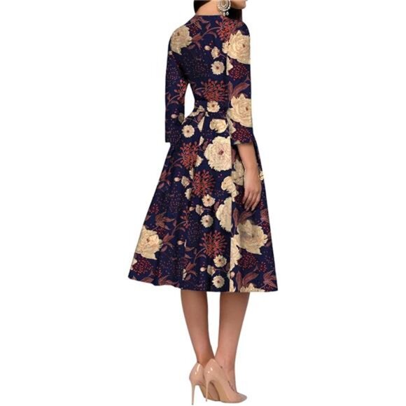 Simple Flavor Women's Floral Vintage Dress Elegant Midi Evening Dress 3/4 - Picture 2 of 3
